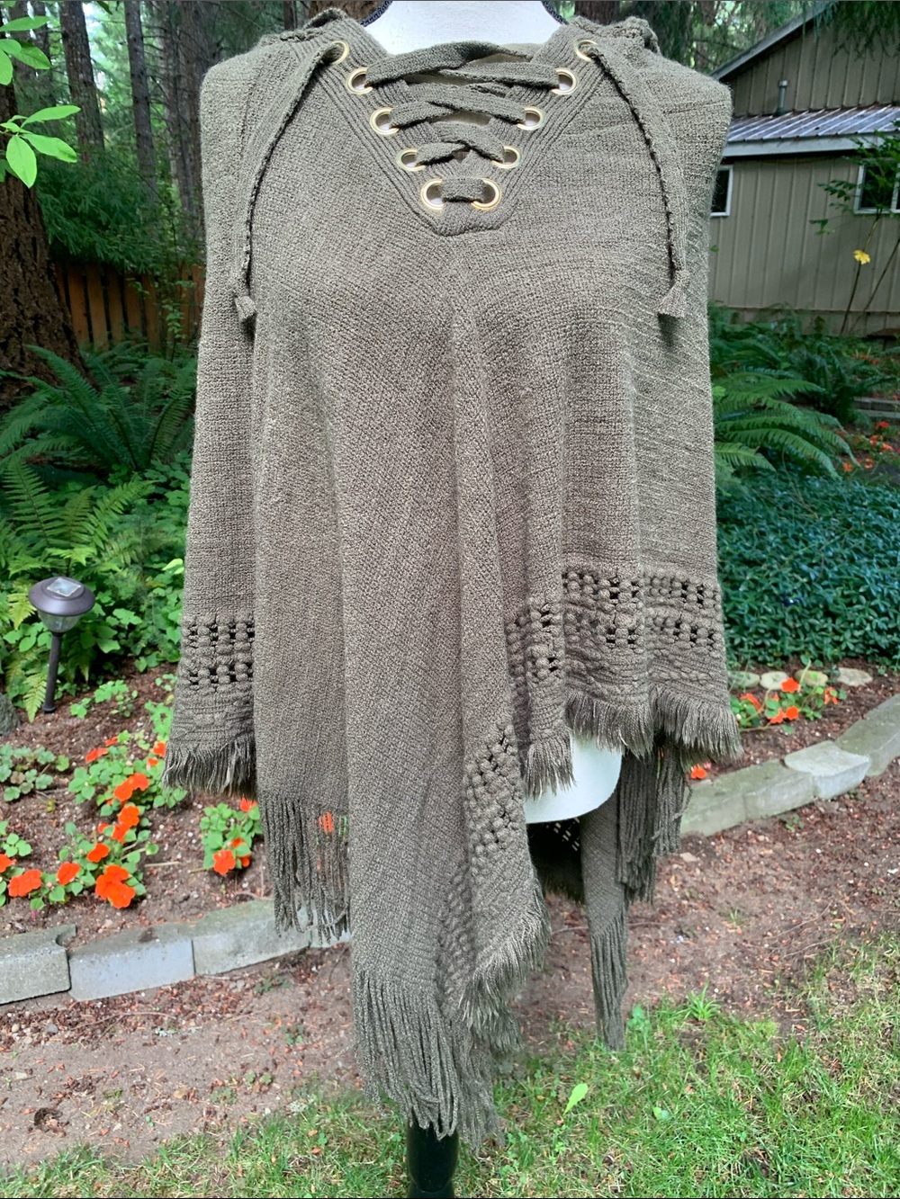 Kaleidoscope Olive Fringe Lace-Up Hooded Poncho Sweater NWT